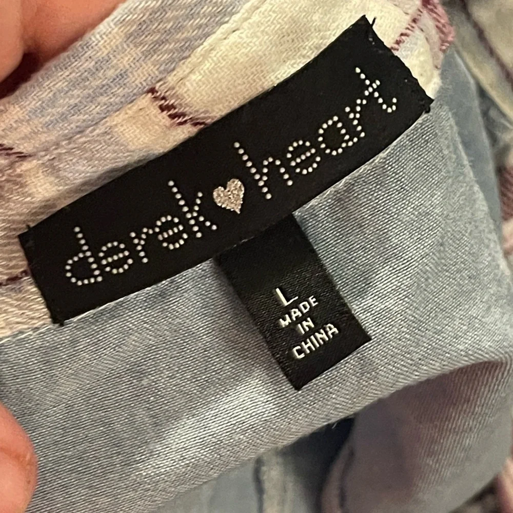 Derek Heart cotton red white plaid chambray denim back button up hi low shirt - Picture 3 of 5